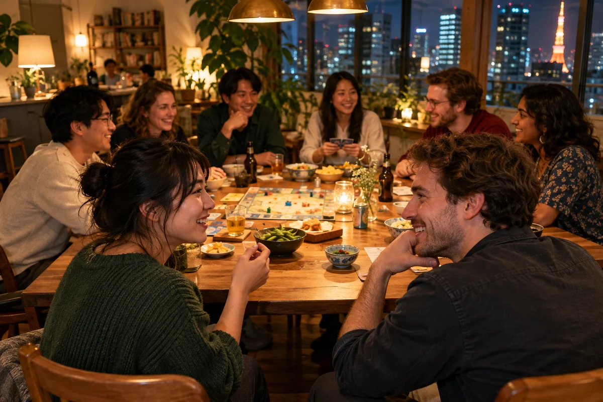 People from several countries getting to know each other over dinner at a language exchange evening in Tokyo