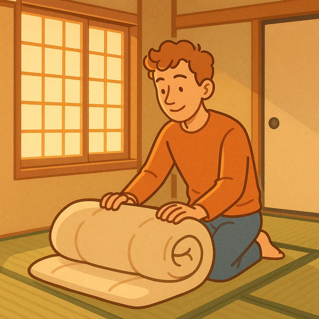 A young foreign man rolling up a futon in a small tatami room in the morning, soft light through a paper screen window, calm and content expression, modern illustration style, warm muted colors, no text