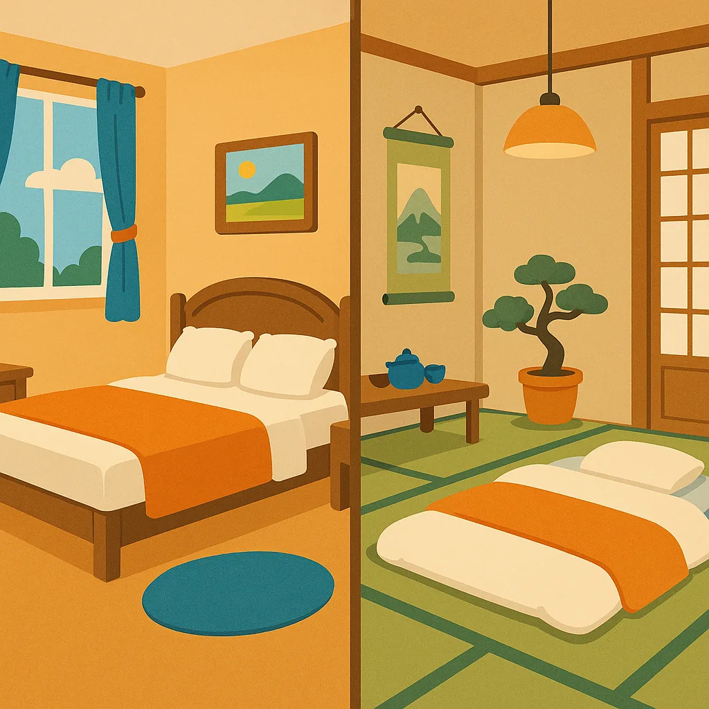 Split scene of two apartments side by side, one a western-style bedroom with a large bed and home-country decor, the other a minimalist tatami room with a futon and Japanese touches, modern illustration style, soft contrast, no text
