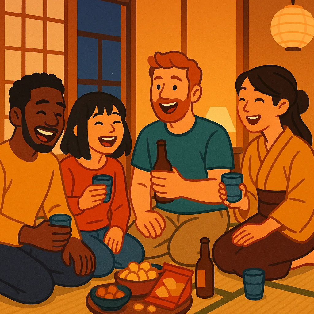 A small mixed group of friends sitting together on the floor of a cozy tatami apartment in the evening, locals and foreigners laughing over drinks and snacks, warm lamp light, modern illustration style, warm inviting colors, no text