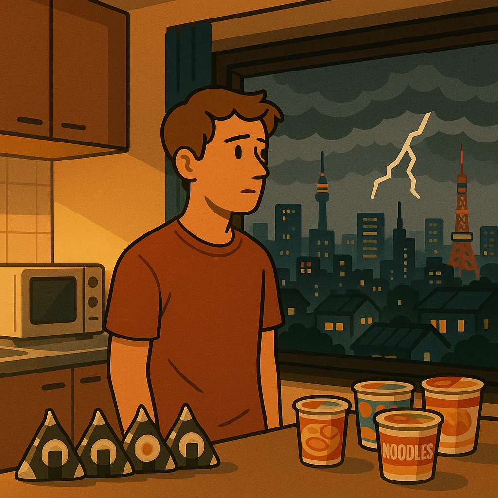 A young foreign man standing in a small Tokyo apartment at night looking out the window at a grey threatening sky, a counter behind him lined with convenience store rice balls and cup noodles, warm indoor light against the dark outside, modern illustration style, muted colors, no text