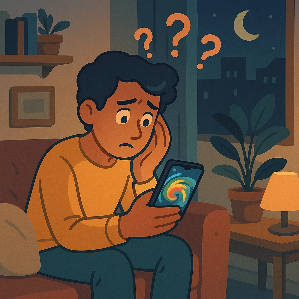 A foreign person sitting on a couch at night looking anxiously at their phone, a weather radar showing a swirling storm on the screen, question marks floating above their head, dim cozy apartment, modern illustration style, soft muted colors, no text
