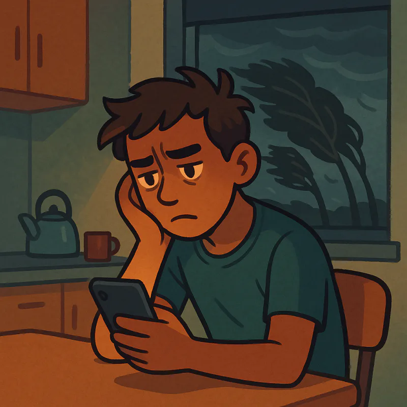 A young foreign worker sitting at a kitchen table at night reading a phone, brow furrowed, a dark window behind showing wind-bent trees and grey sky, warm indoor light, modern illustration style, muted colors, no text