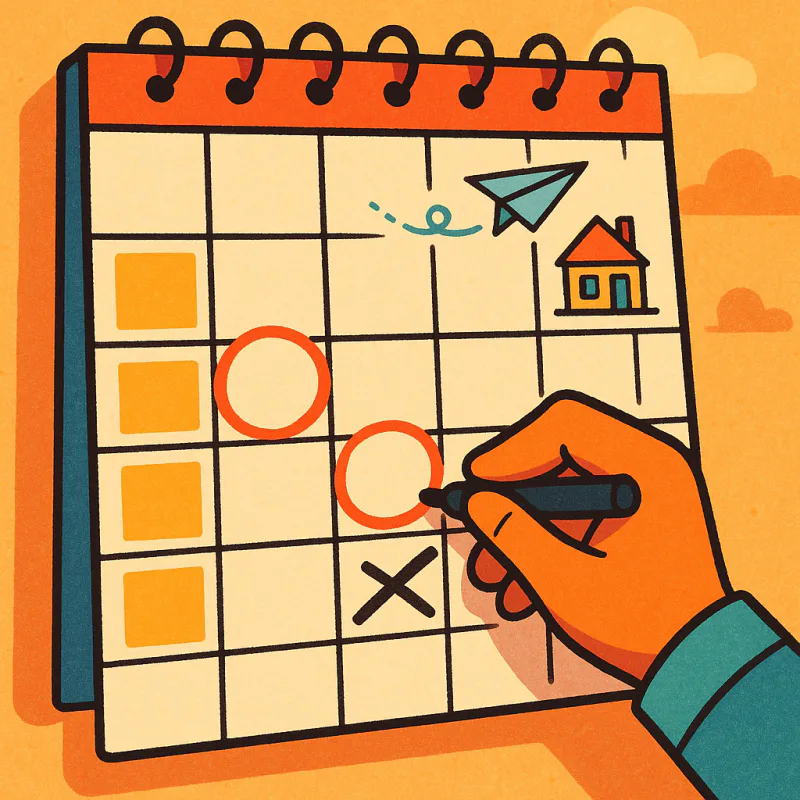 A small calendar on a wall with a few days circled in red, a paper airplane and a tiny house drawn near the circled dates, a hand reaching to cross one out, warm colors, modern illustration style, no text