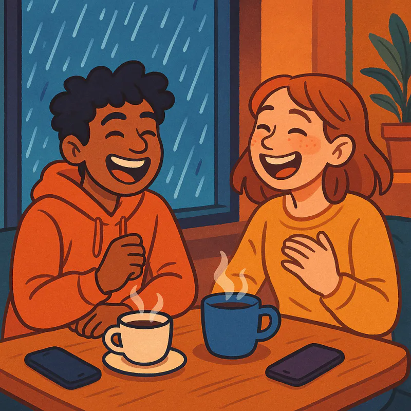Two young people laughing together at a cozy cafe table, rain visible on the window beside them, phones and warm drinks on the table, relaxed and warm atmosphere, modern illustration style, no text