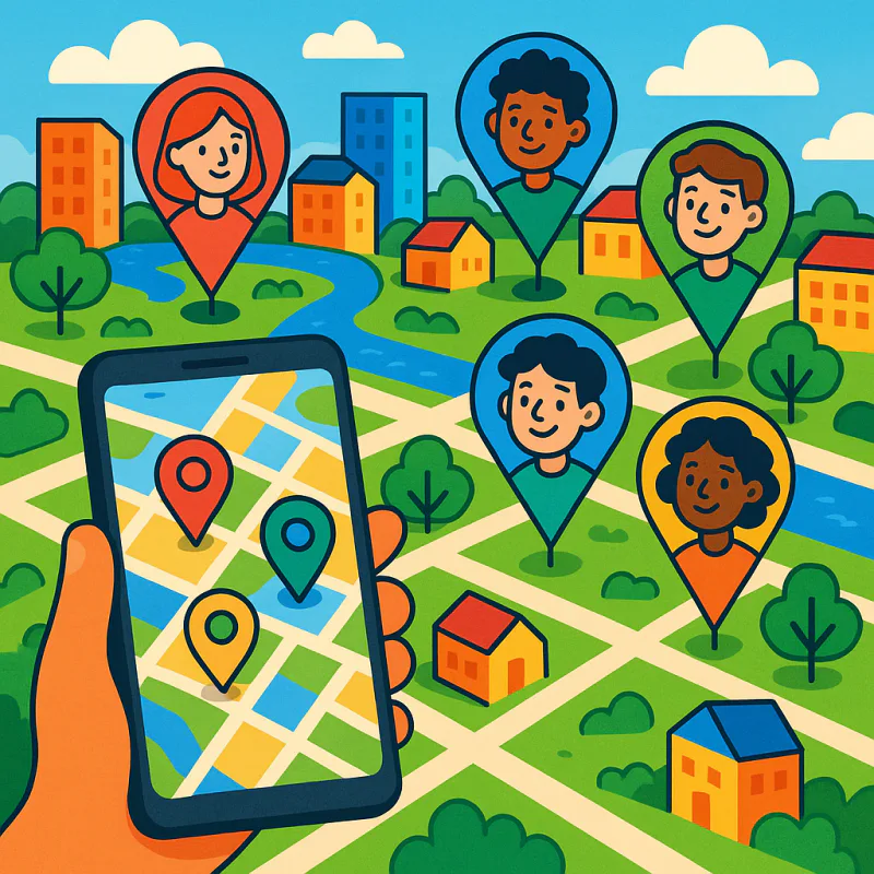 A friendly map view dotted with colorful location pins over a city, small smiling avatars near the pins, a phone held in the foreground showing the map, bright cheerful colors, modern illustration style, no text