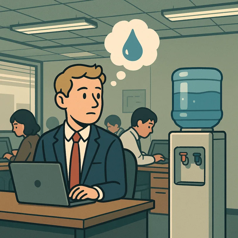 A young foreign office worker sitting stiffly at a desk in a Japanese office, glancing longingly toward a water cooler across the room, other coworkers heads down working, a faint thought bubble with a water droplet above the worker, fluorescent office lighting, modern illustration style, muted colors, no text