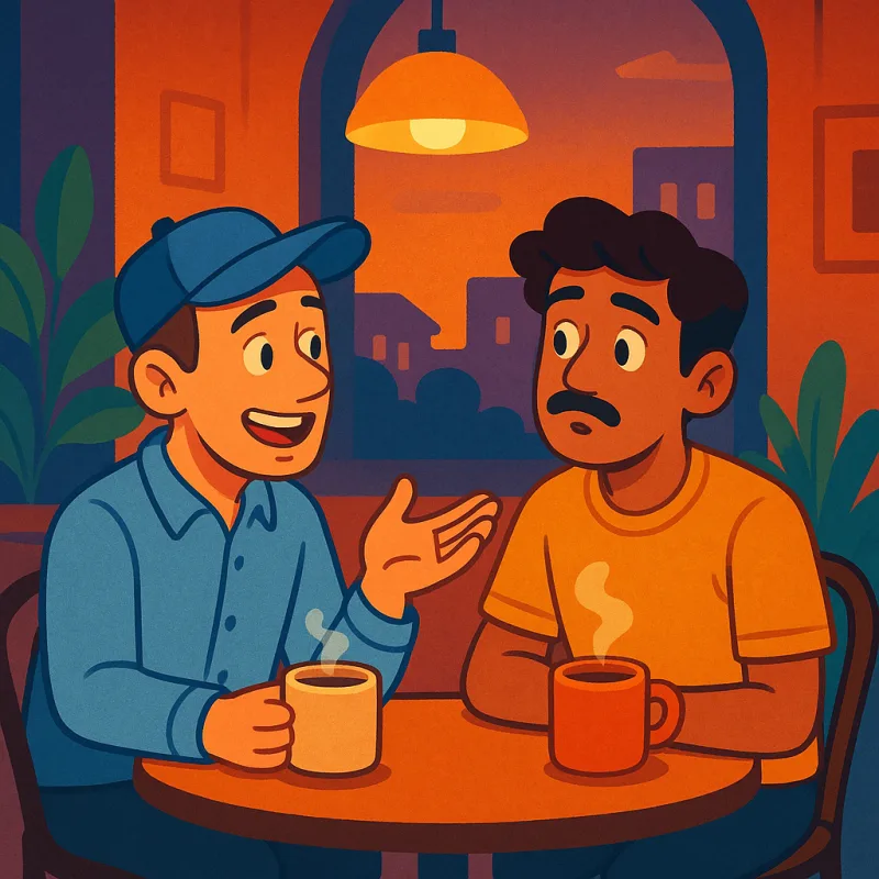 A foreign worker sitting at a cafe table in the evening talking with a relaxed local friend, the friend listening with a sympathetic and slightly surprised expression, two warm drinks on the table, cozy lighting, modern illustration style, warm friendly colors, no text