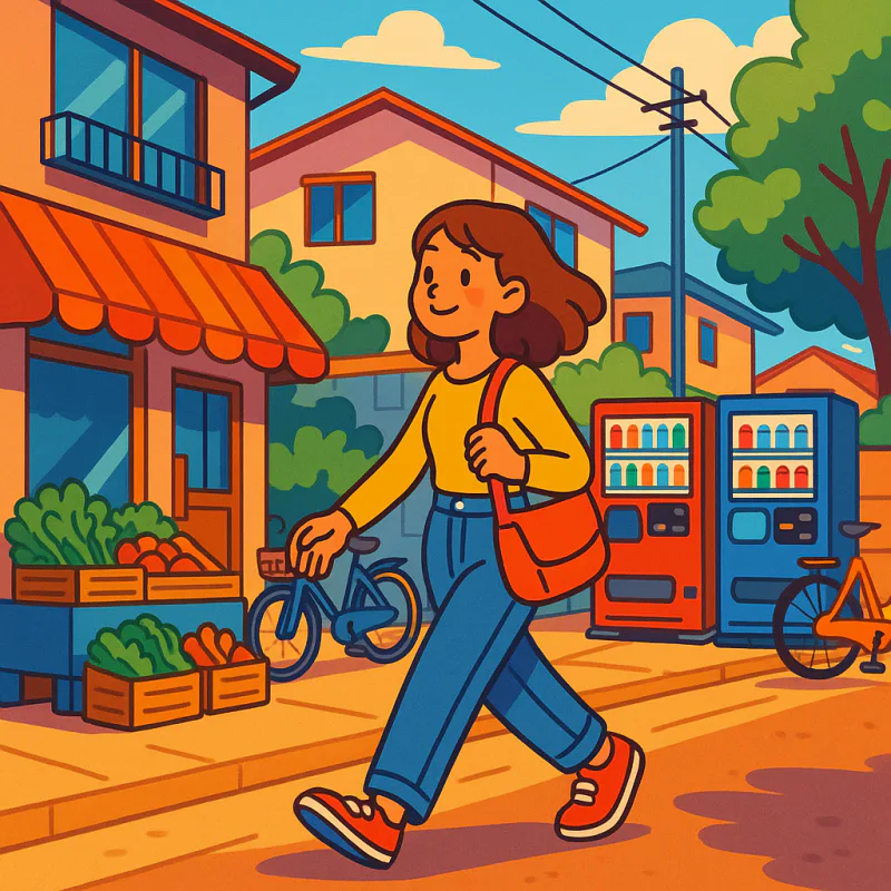 A woman walking through a sunny neighborhood street in Japan, passing a small local shop