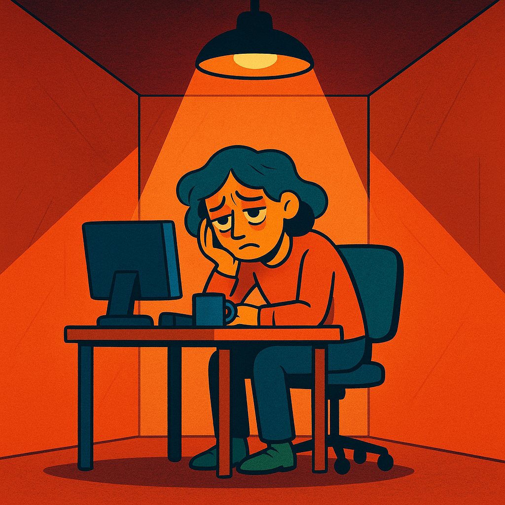 A person feeling trapped at a desk, walls closing in, isolated under one spotlight