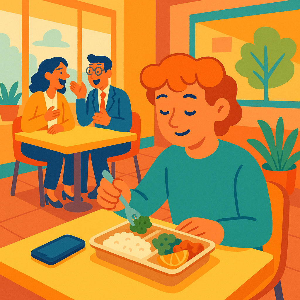 A person eating lunch alone and peaceful while a noisy group sits across the cafeteria