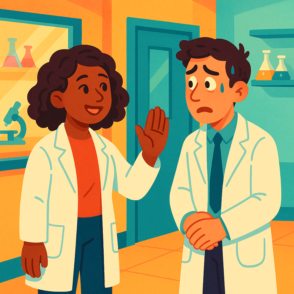 Two coworkers talking respectfully, one calm and friendly while holding a boundary