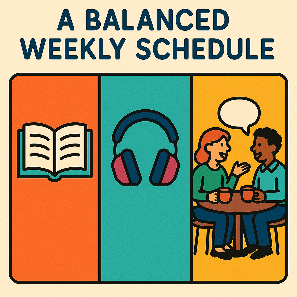 A balanced weekly schedule visualized as three colorful blocks of roughly equal size, one for reading, one for listening, one for two people talking at a cafe, bright modern infographic illustration style, no text
