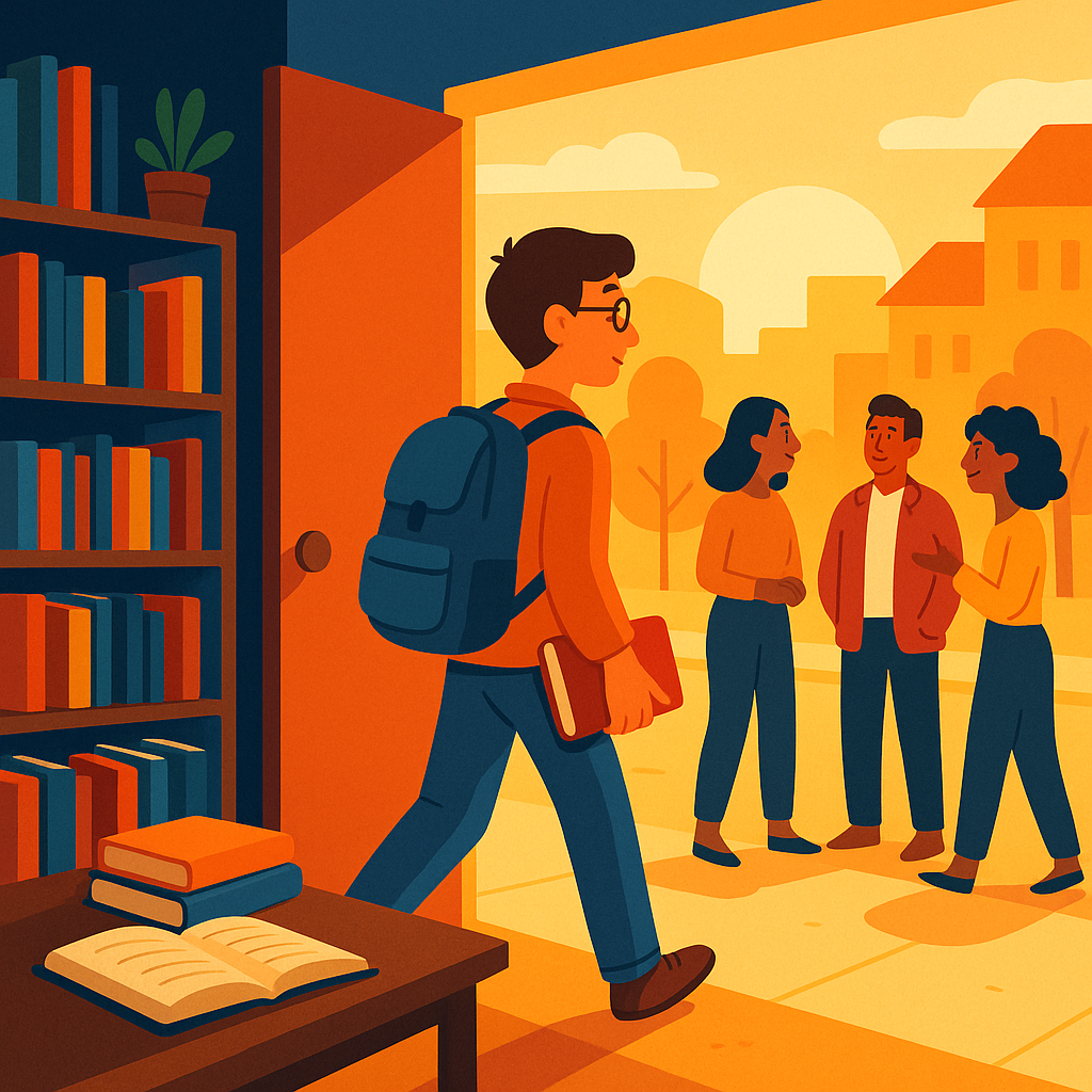 A learner stepping out of a quiet room full of books into a bright street where people are meeting and talking, symbolic transition from solo study to real conversation, hopeful warm colors, modern illustration style