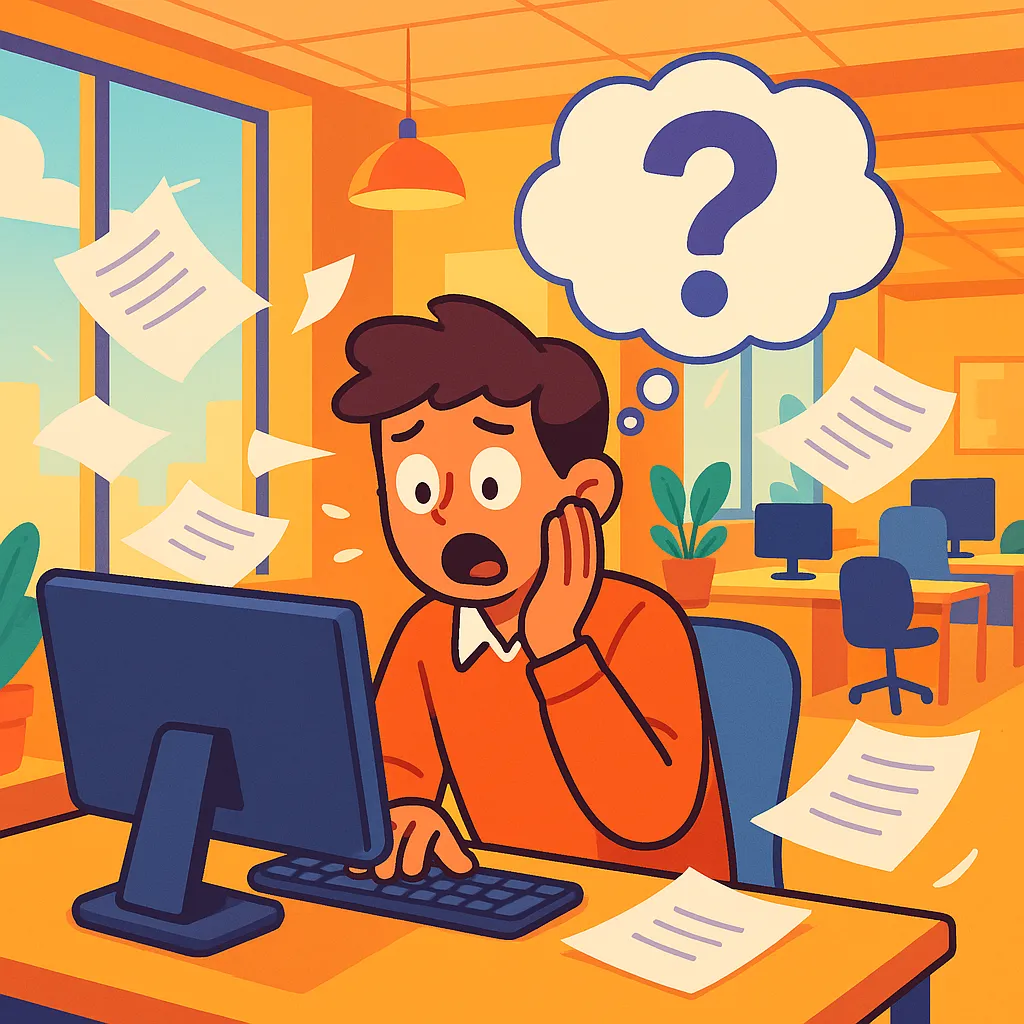 A worker realizing the task they confidently finished was the wrong one, papers scattered around