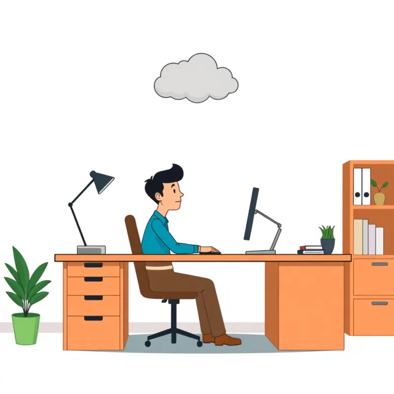 Person at a calm new desk still feeling a grey cloud overhead
