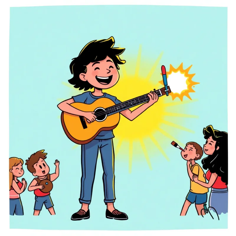 A person rediscovering an old hobby and reconnecting with friends, warm light