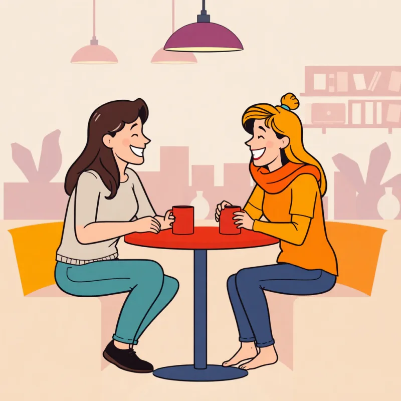 A relaxed coffee conversation between two people, no laptops, easy laughter