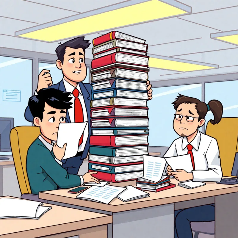 A coworker in a Japanese office piling extra folders and work onto the desks of foreign employees