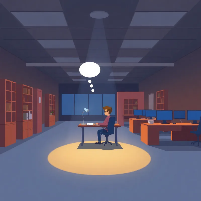 A single foreign worker sitting alone under a spotlight in a large empty office at night