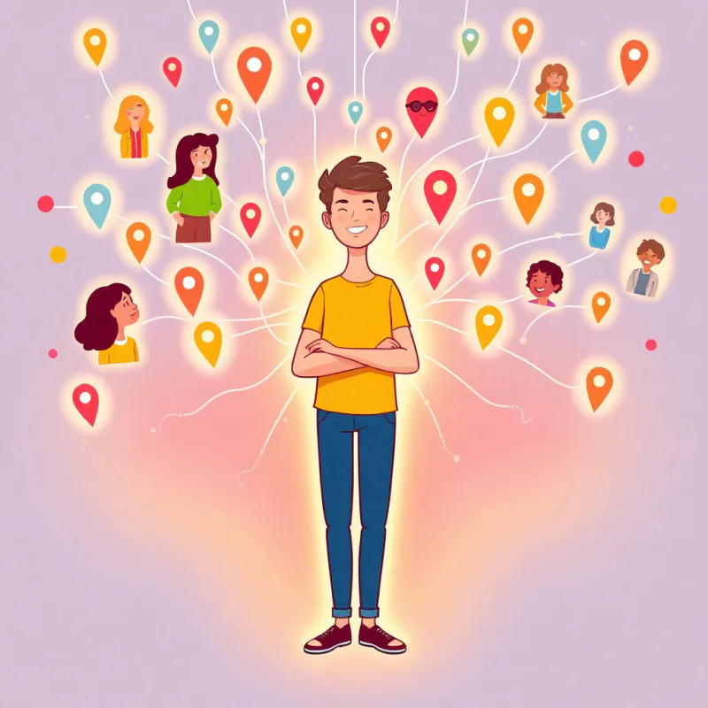 A confident person surrounded by a connected web of diverse friends and city map pins, looking calm and supported
