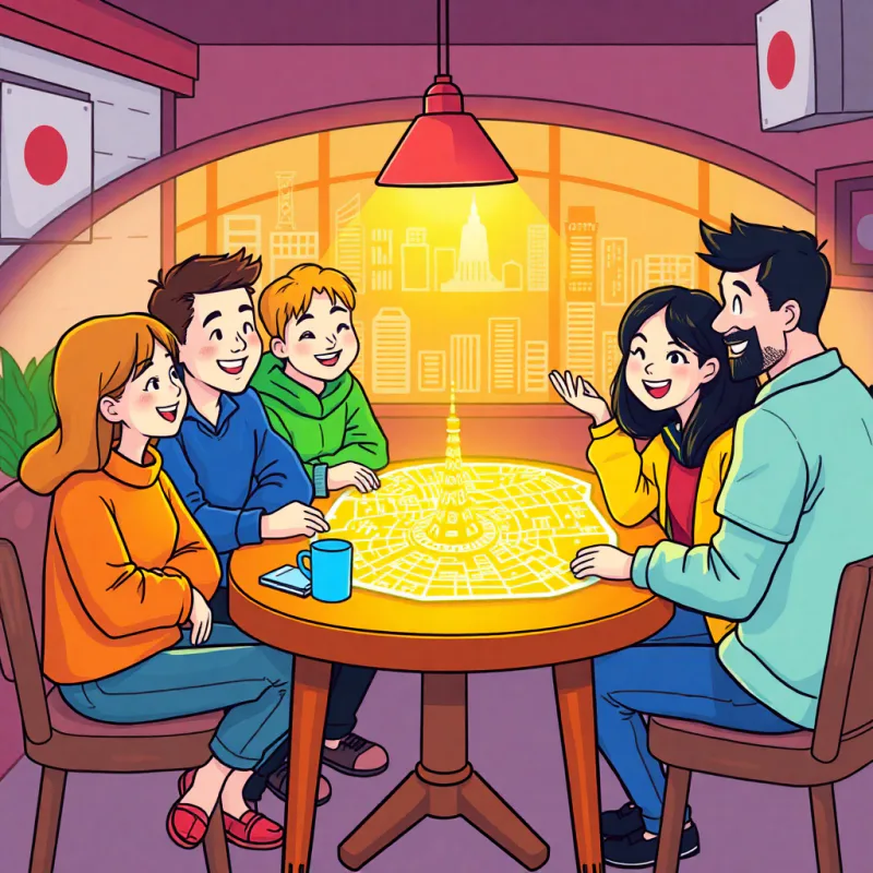 International friends and locals meeting around a city map in a warm Tokyo cafe