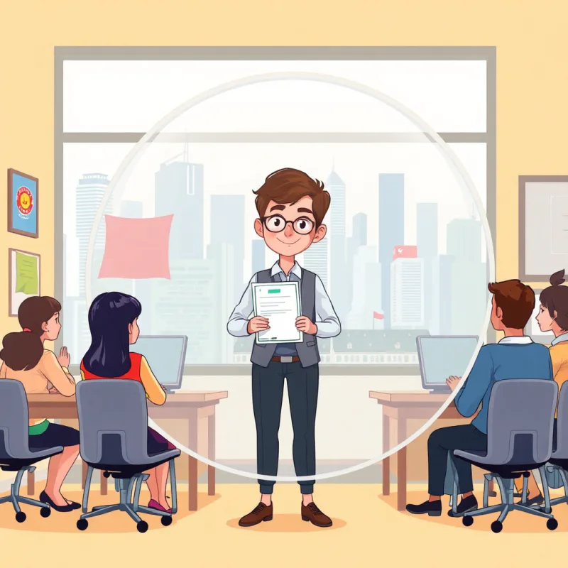 A person holding a language certificate while struggling to speak, inside a bubble
