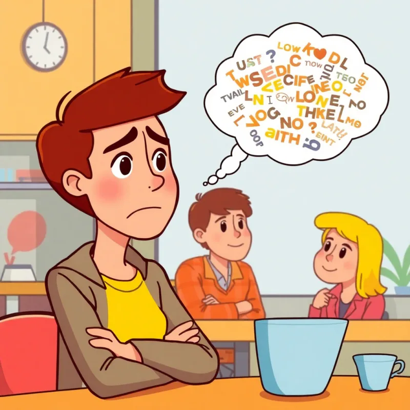 A nervous person freezing during a conversation, jumbled words in a thought bubble