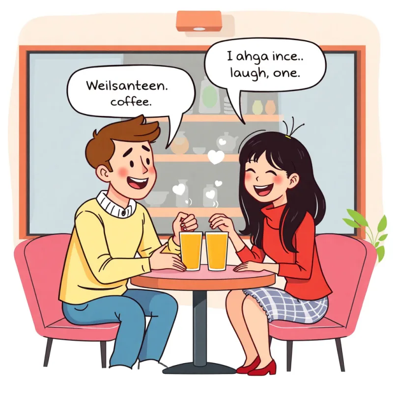 Two people having a relaxed language exchange over coffee, laughing