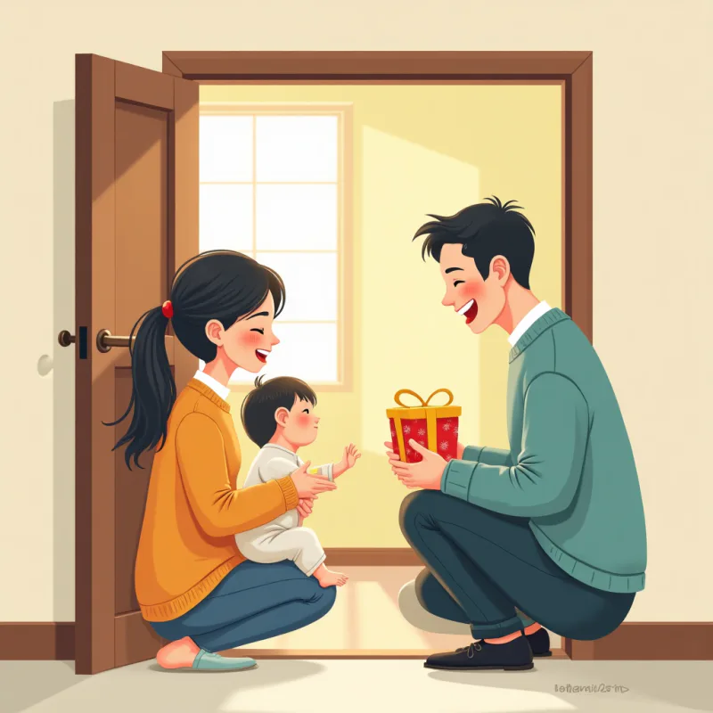 Colorful cartoon illustration: a young foreign couple holding a baby bowing politely at a neighbor's open apartment doorway, an older Japanese man smiling and accepting a small wrapped gift, warm friendly atmosphere, soft bright colors, modern illustration style, no text