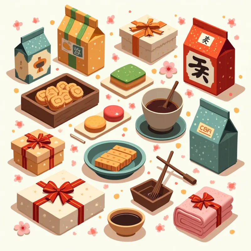 Colorful cartoon illustration: a flat-lay arrangement of small Japanese neighbor gifts, individually wrapped sweets, senbei crackers, boxed drip coffee, folded hand towels, all neatly wrapped, bright cheerful colors, modern illustration style, no text