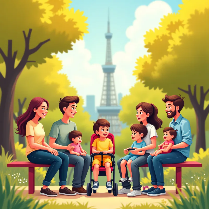Colorful cartoon illustration: a small diverse group of young parents from different countries sitting together in a sunny Tokyo park with strollers and babies, laughing and relaxed, a friendly local chatting with them, warm bright colors, modern illustration style, no text