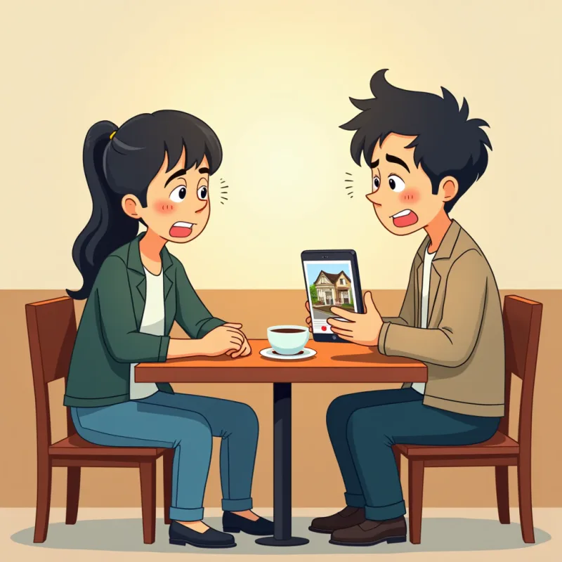 A foreign man and his Japanese partner sitting at a small cafe table, the man looking defeated staring at his phone showing apartment listings, the partner beside him looking concerned, warm muted colors, modern illustration style, no text