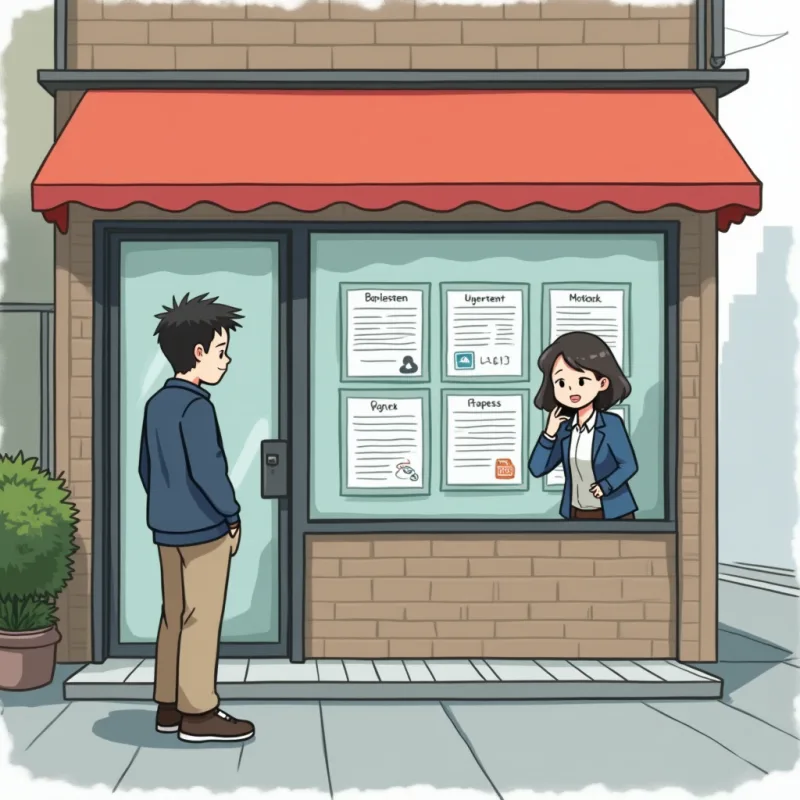 A foreigner standing outside a Japanese real estate agency, the window covered with apartment listing papers, an agent inside giving a small apologetic gesture, overcast daylight, modern illustration style, muted colors, no text