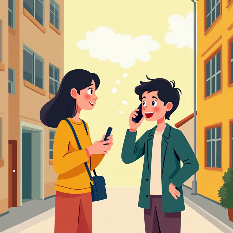 A Japanese friend making a phone call on behalf of a foreign friend standing hopefully beside them, a small apartment building in the background, warm bright colors, modern illustration style, no text