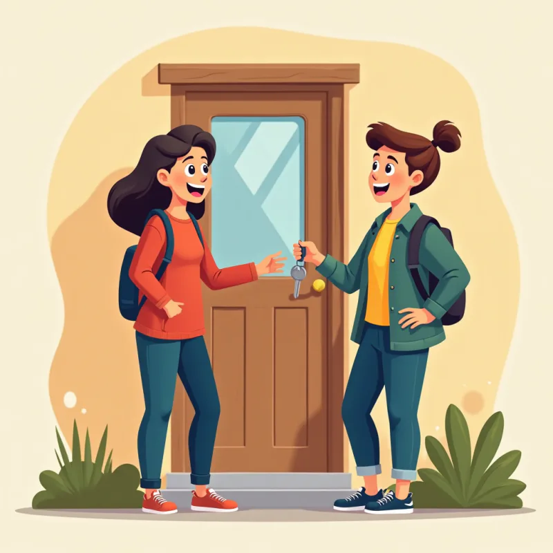 A happy foreigner holding apartment keys in front of a new apartment door, a local friend beside them smiling, bright cheerful colors, modern illustration style, no text