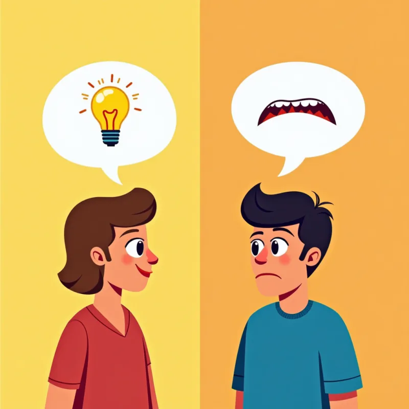 Split scene contrasting a friendly curious person asking an innocent question with a frowning rude person, curious versus cruel