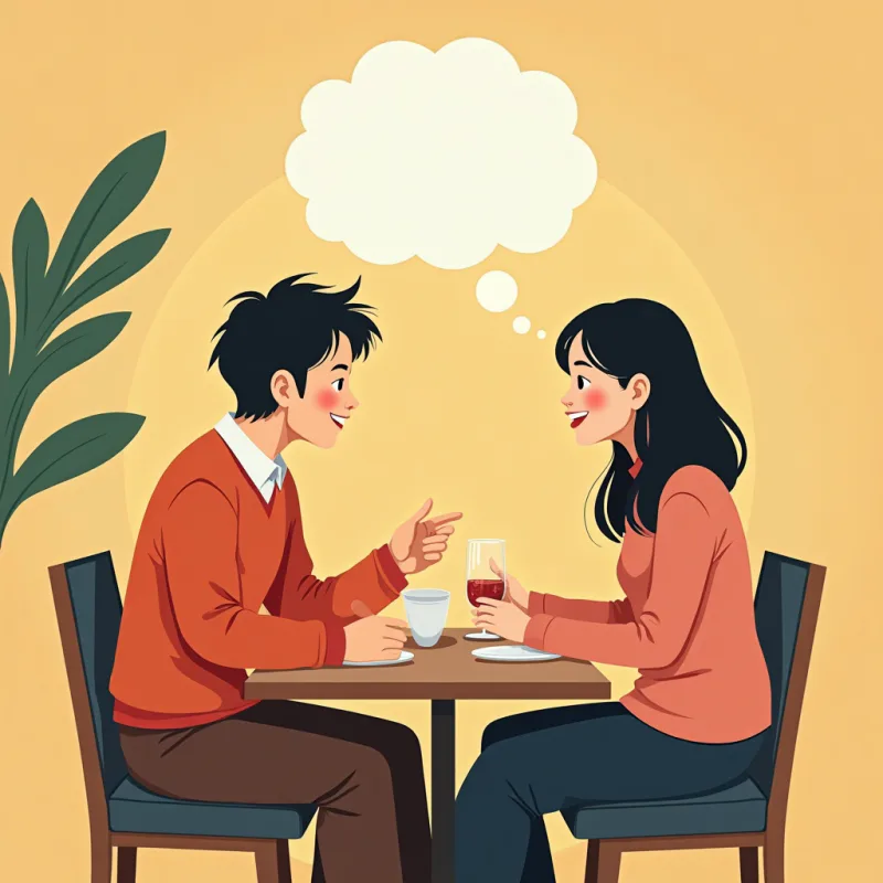 A Japanese person and a Western foreigner having a warm real conversation at a cafe while a faint stereotype thought bubble fades away