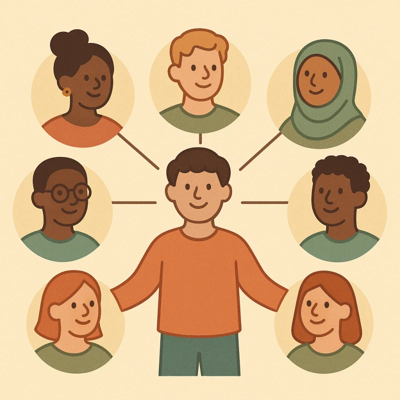 One happy person in the center surrounded by several diverse friends from different cultures forming a balanced web of connections