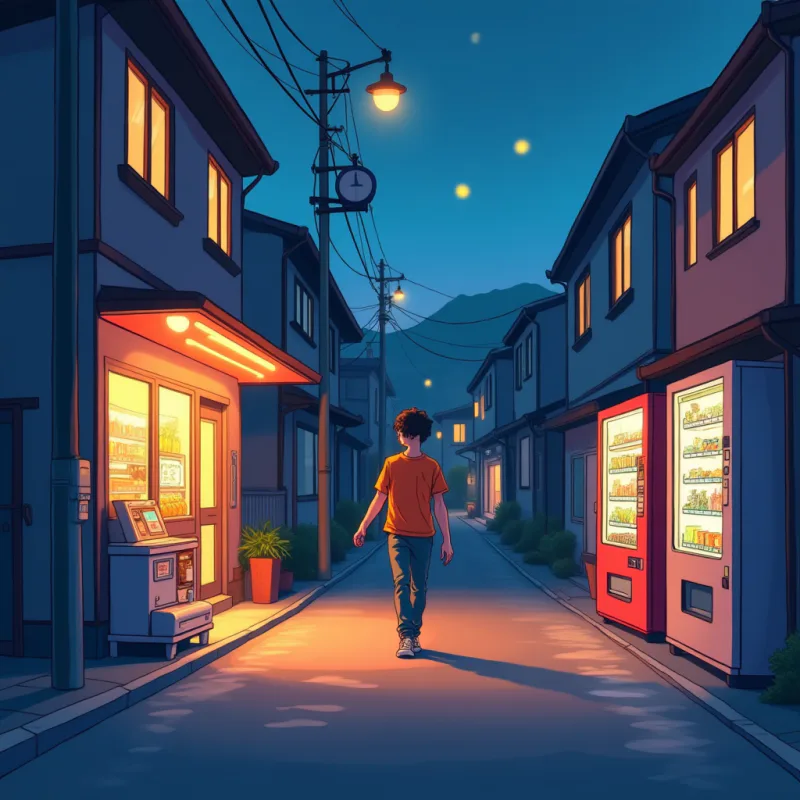 Person walking home at 2am with konbini snacks on an empty Japanese street