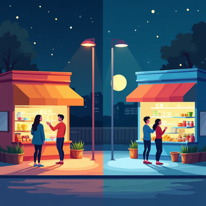 The same konbini scene shown two ways, one lonely and one warm with a friend