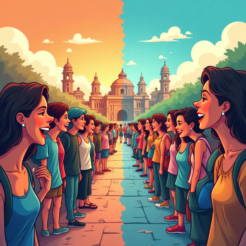 Split scene of faded famous sights versus vibrant new people