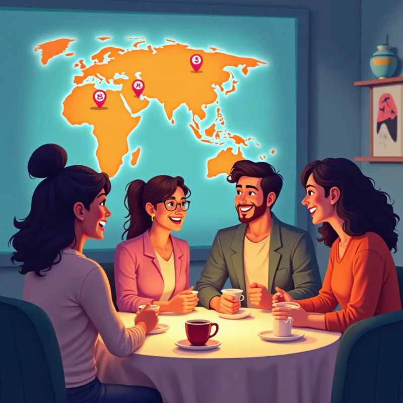 Diverse friends meeting for coffee around a glowing map with location pins
