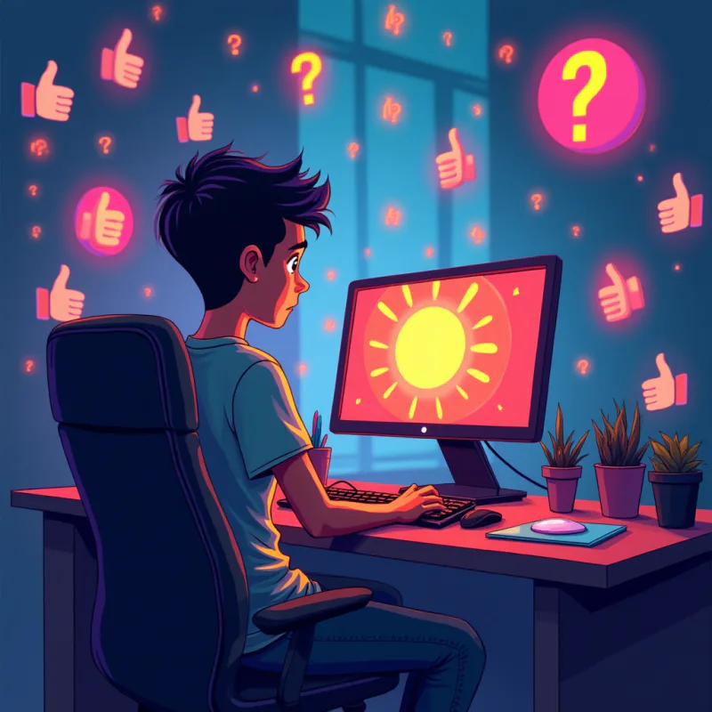 A game artist at a desk staring at a screen full of ambiguous thumbs-up icons and floating question marks