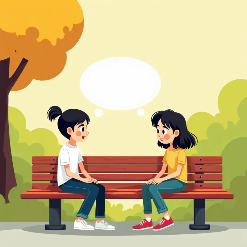 Two peers on a park bench, one asking a plain question, a single clear speech bubble between them