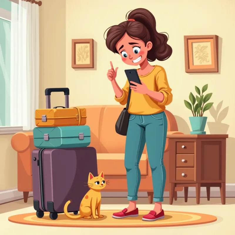 A person with a suitcase and a nervous cat, staring at a phone with an empty contact list, worried expression