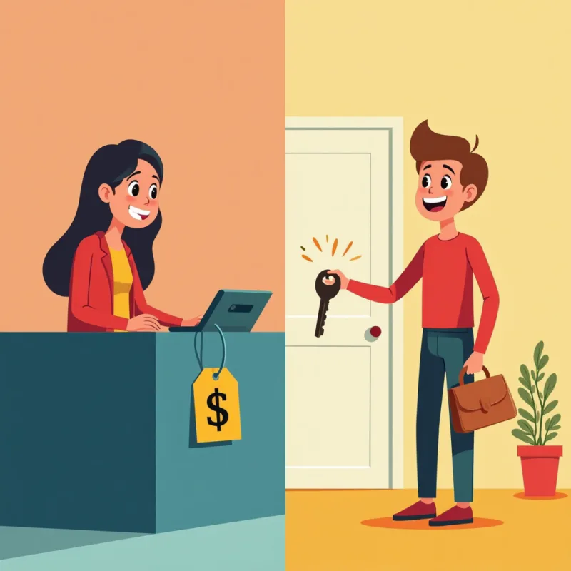 Split scene: a tidy pay-counter with a price tag on one side, a friend handing over a spare key with a warm smile on the other