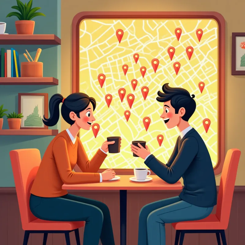 Two people meeting for coffee near a glowing map with location pins, warm friendly atmosphere