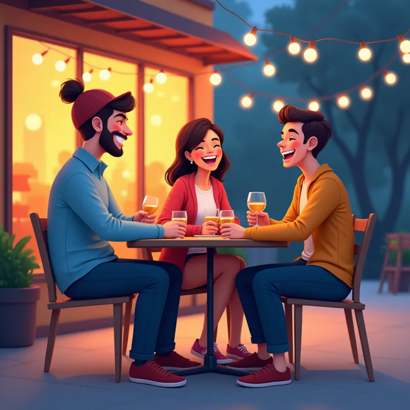 A relaxed person laughing with two friends at an evening cafe table, unwinding after work