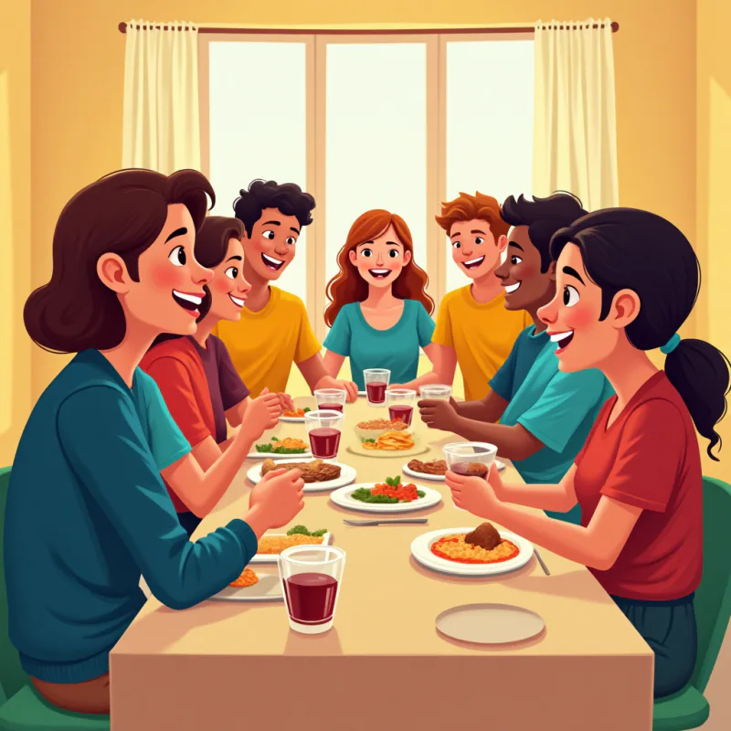 Colorful cartoon illustration: a lively group of diverse young people meeting in real life, some at a dinner table laughing, others jogging together and chatting at a group event, warm friendly atmosphere, bright colors, modern illustration style, no text